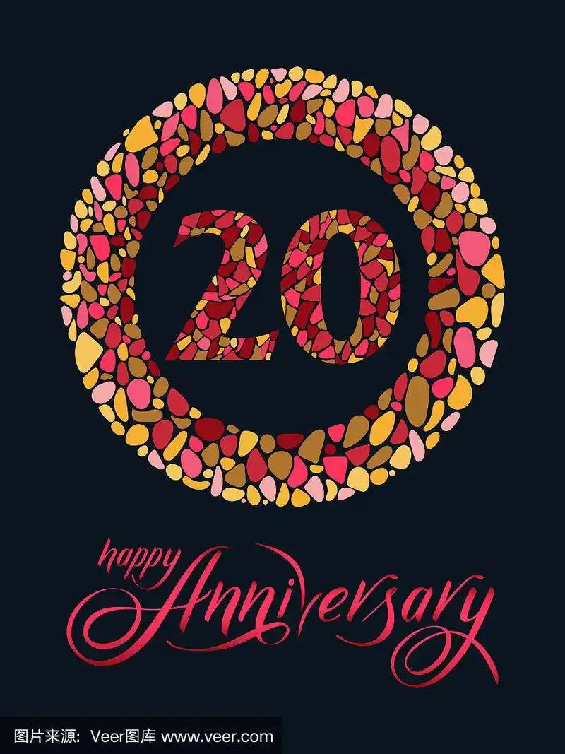 明亮的马赛克标志20在圆圈与优雅的手写书法字母文字在黑色的背景.