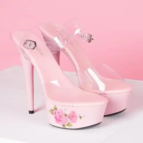 2020夏季新款恨天高跟鞋15cm细跟防水台花朵礼服凉鞋粉色时装宴会