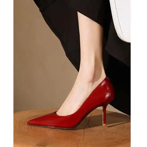 强推漆皮红色高跟鞋气质真皮单鞋尖头浅口女鞋单鞋