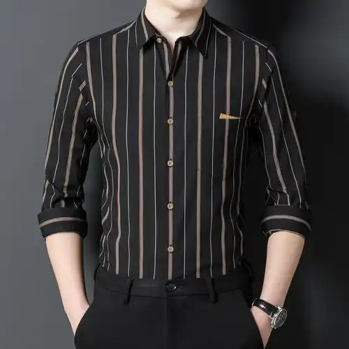 利伯长袖衬衫男秋季新款免烫黑色商务正装时尚感男士休闲条纹衬衣