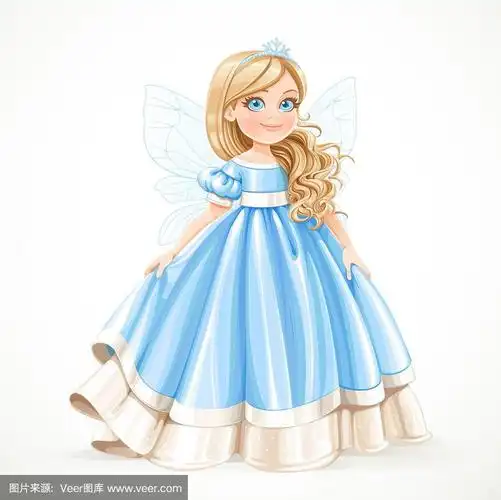 金发小公主女孩在蓝色球裙冬天翅膀和雪皇冠孤立在白色的背景