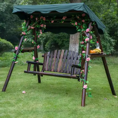 户外秋千摇篮碳化实木吊椅阳台摇摇摇椅带布顶户外秋千