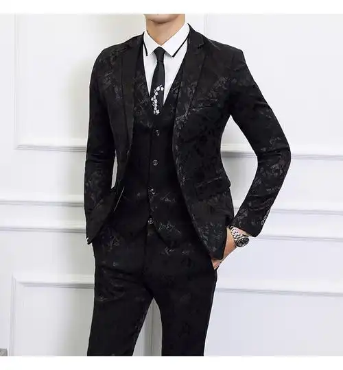 男士修身西装套装晚宴会礼服主持人演出服精品暗花西服三件套潮流定制