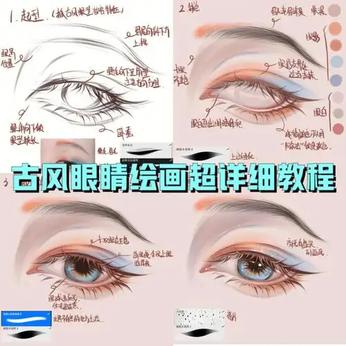 眼型狭长眉眼低垂,低垂的眼睛睫毛呈向下发散的扇形,可以少量画几根上