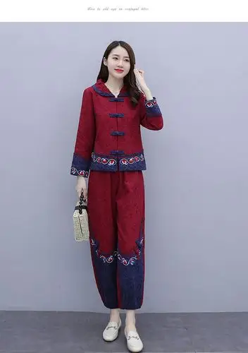 民族风棉麻套装秋季女装新款中老年大码长袖外套裤子休闲两件套女