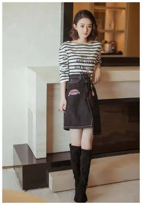 原创赵丽颖衣品太无敌牛仔短裙配过膝长靴真是肤白貌美大长腿啊