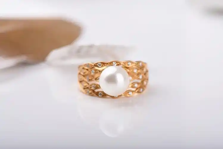 银姿珠宝 18k金镶天然珍珠戒指 蕾丝南非真钻钻戒 女复古大气指环