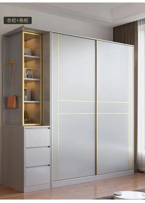 月岩灰现代简约推拉门衣柜轻奢卧室储物滑移门衣柜带顶柜家用衣橱单