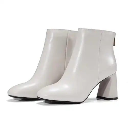 2017秋冬新款女鞋真皮圆头小白靴粗跟短靴百搭舒适马蹄跟高跟裸靴