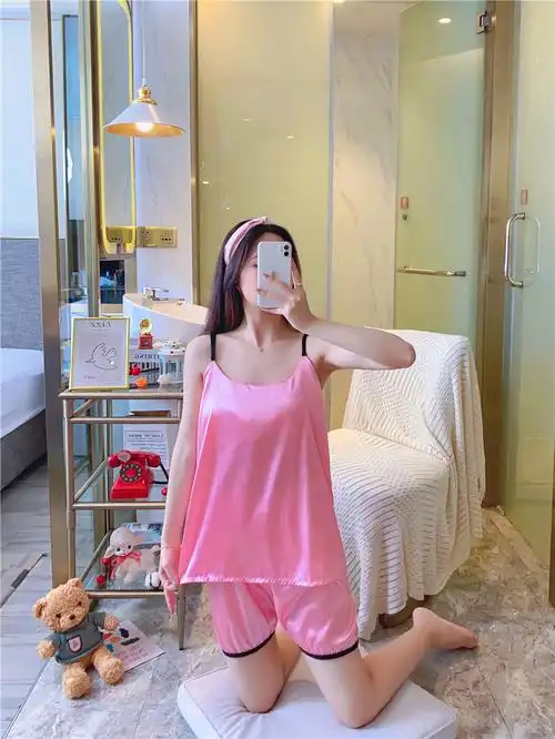 可拆卸胸垫春夏季冰丝甜美睡衣女吊带短裤俩件套薄款家居服