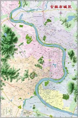 松花江在地图的右下角进入吉林市,通过在市区的最后一座大桥哈龙桥后