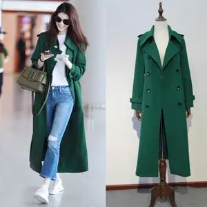 秋季何穗杨幂明星机场同款绿色长款长袖宽松百搭风衣外套女