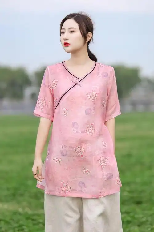 民族风苎麻印花衬衫女夏天薄款棉麻女装亚麻茶服碎花长款上衣