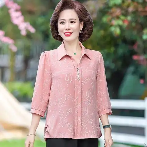 斯尔丽母节衣服妈妈夏洋气雪纺中老年女士衬衣气质t恤中袖上衣