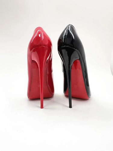 4345大码16cm恨天高尖头高跟鞋男女鞋黑色漆皮红底超高跟细跟单鞋