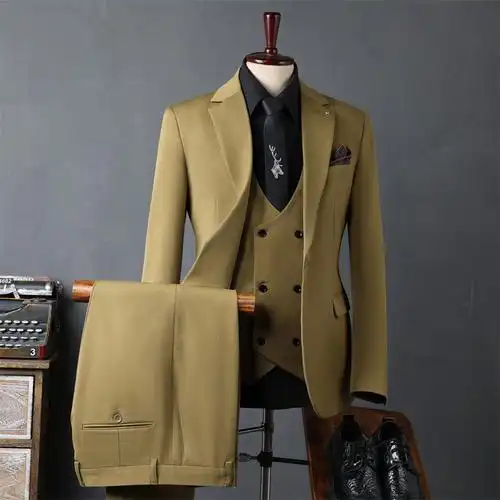 新郎西服套装男士三件套休闲商务正装修身结婚礼服咖色西装男英伦
