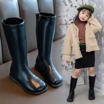 霏楚小学生靴子女孩长筒靴子女童高筒靴新款秋冬英伦风儿童黑色长靴小