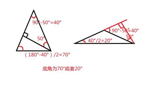 等腰三角形一腰上的高与另一腰的夹角为50度,则底角为多少度