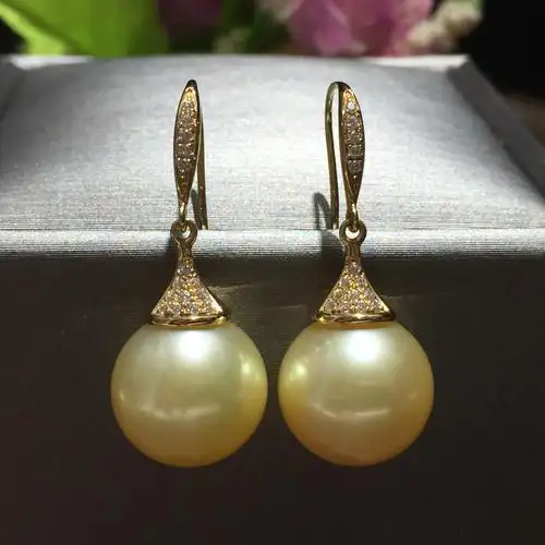 12-13mm南洋金珍珠耳环 海水珍珠耳坠 正圆强光 微微瑕——麦典珍珠