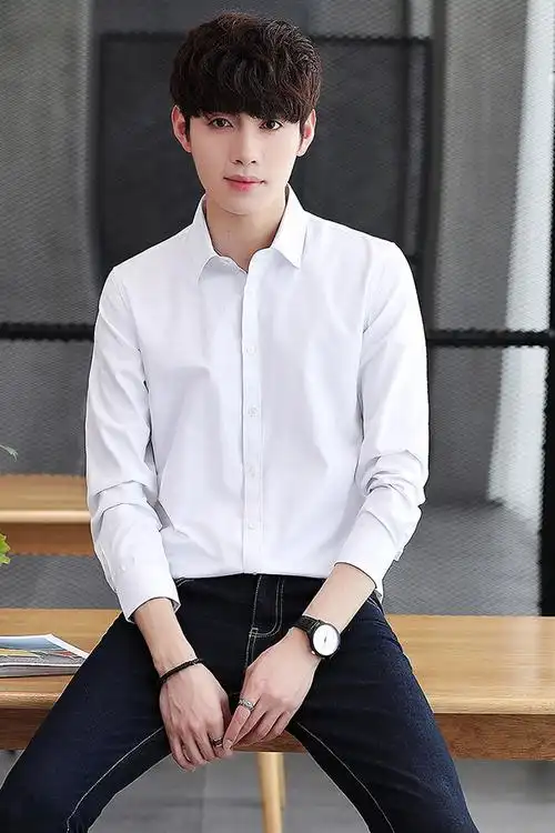 男士白衬衫男韩版长袖寸衫修身韩版潮流简约打底衫衬衣商务正装