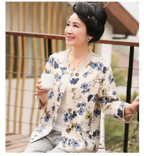 香颜中年女秋装棉麻七分袖上衣妈妈装中老年休闲短款棉麻外套新款