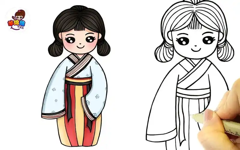 活动作品手绘古装简笔画穿汉服的女孩简单易学