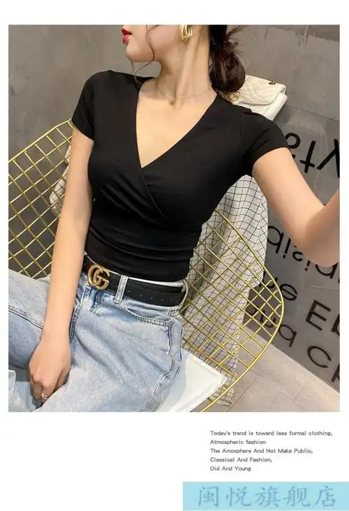 显胸大性感超低胸上衣漏露沟体恤血丅雪衫短款女粉色t恤短袖v领紧身