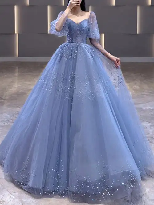 2021蓝色主持写真高贵梦幻轻盈人鱼轻礼服年会聚会婚纱裙 la70916