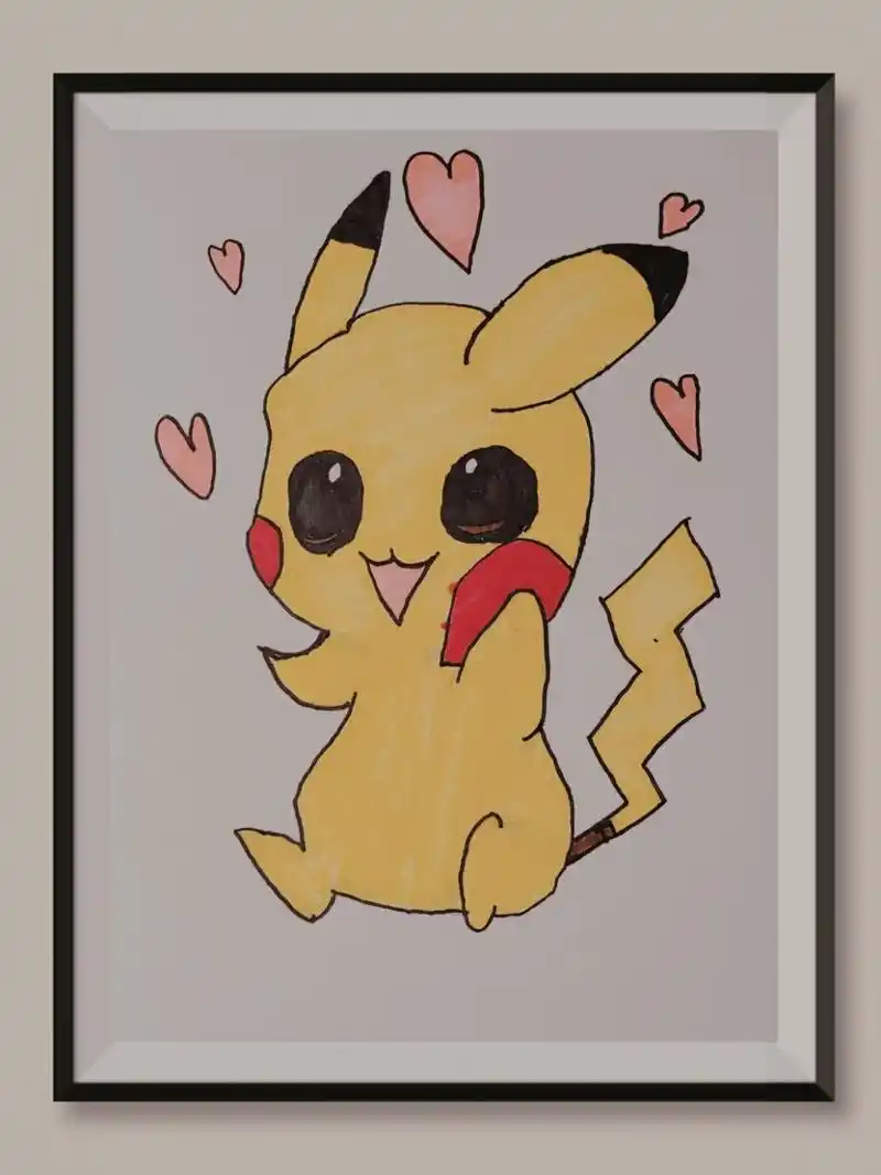 简单画93皮卡丘 绘画重点: 卡通人物手和脸遮挡关系 两只耳朵远近