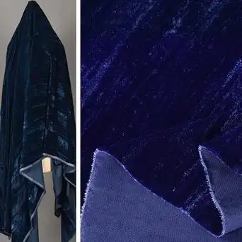 藏青色藏蓝色梭织丝绒直皱面料 无弹压皱韩国绒旗袍礼服裙子布料