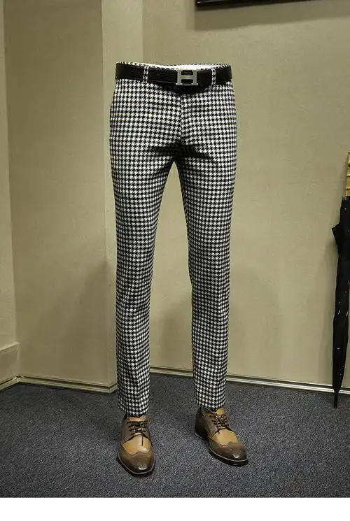 千鸟格裤子格子西服裤男修身时尚潮流长 弹力免烫小脚西裤 千鸟格 32