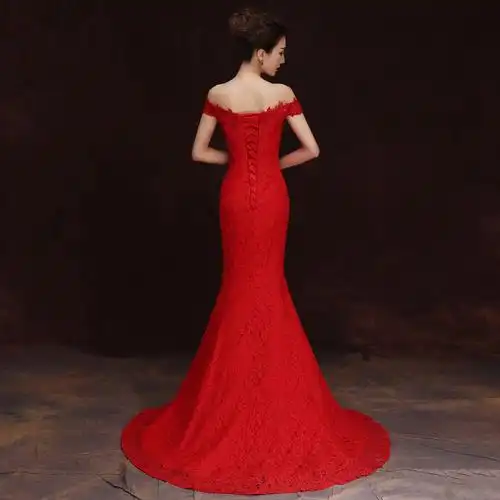 902新款新娘敬酒服新款鱼尾婚纱礼服长款拖尾一字肩红色晚礼服结婚