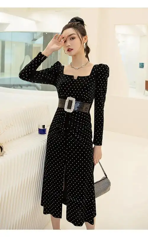 秋冬时尚高腰气质烫钻丝绒长袖波点黑色包臀中长裙连衣裙女 66218