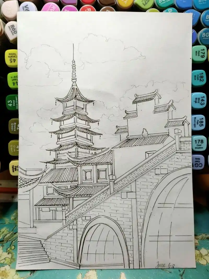 马克笔风景画《江南–千灯古镇》线稿