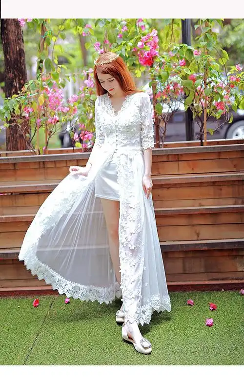 2560#爆款开叉立体绣花白色唯美蕾丝网纱连衣裙女长裙两件套