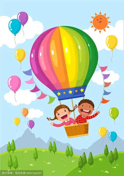 卡通小朋友坐着热气球飞过