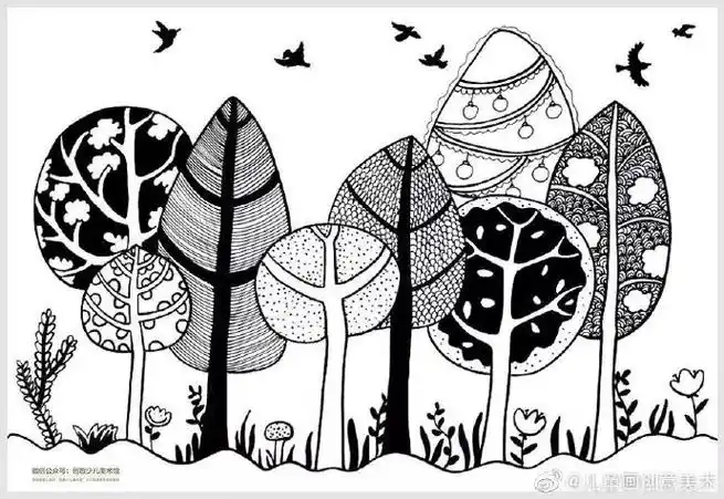 【创意线描画美丽的树林】你看,山坡上一棵棵树真漂亮.