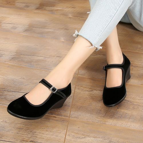 老北京布鞋女高高跟坡跟黑布布鞋酒店职业工作单鞋布鞋