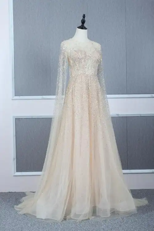 高级定制仙女款长袖拖尾晚礼服新娘敬酒裙优雅高贵主持年会演出服