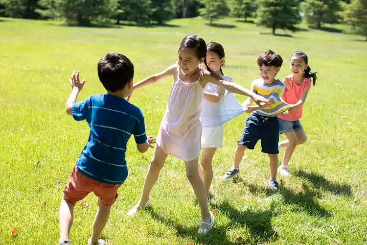 快乐的儿童在草地放风筝