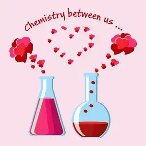 情人节贺卡与两个化学烧瓶与爱情药水和蒸发心, 和文本照片