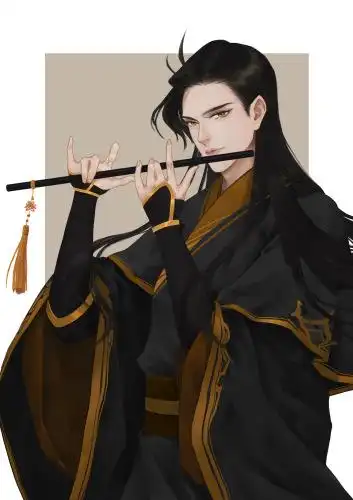 吹笛子的长发黑衣古装男子