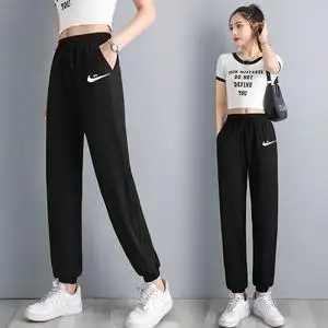 耐克韩版冰丝运动裤女士夏季宽松束脚薄款垂感灯笼休闲防蚊裤子