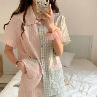 棉korea夏季新款睡衣女套装撞色格子柔软可爱外穿韩系学生家居服