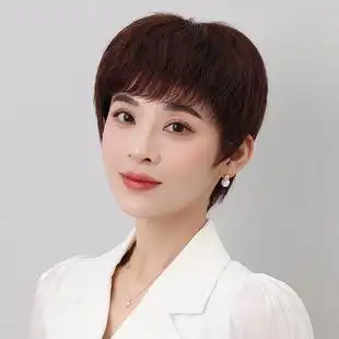 假发短发女夏季真人发丝短直发全头套妈妈中年女士全真发发套自然