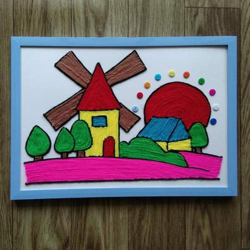 益智儿童diy创意材料包幼儿园毛线纽扣画趣味亲子手工贴画风车a4