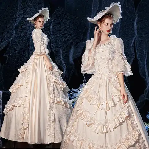 新款香槟法式宫廷礼服年会影楼走秀话剧舞台表演舞蹈蕾丝欧式长裙