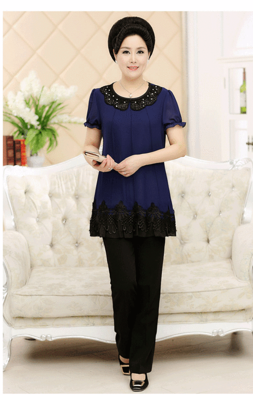 【年轻漂亮妈妈装 时尚蕾丝短袖 镶钻中长款 女式t恤 夏季瑞丽外套】