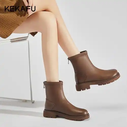 珂卡芙炸街小短靴女秋冬2023新款棕色短筒靴女单靴后拉链马丁靴子