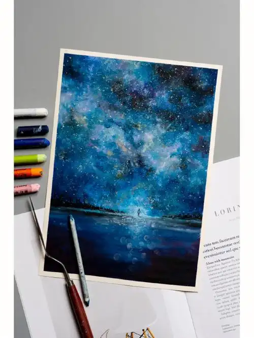 星空系列第三张画幅:a4材料:油画棒,水粉颜料,擦笔,刮刀,牙刷用时:70